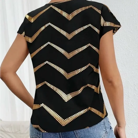 Black Short Sleeve Top with Gold Chevron Sequin Detail NWOT - Picture 3 of 5